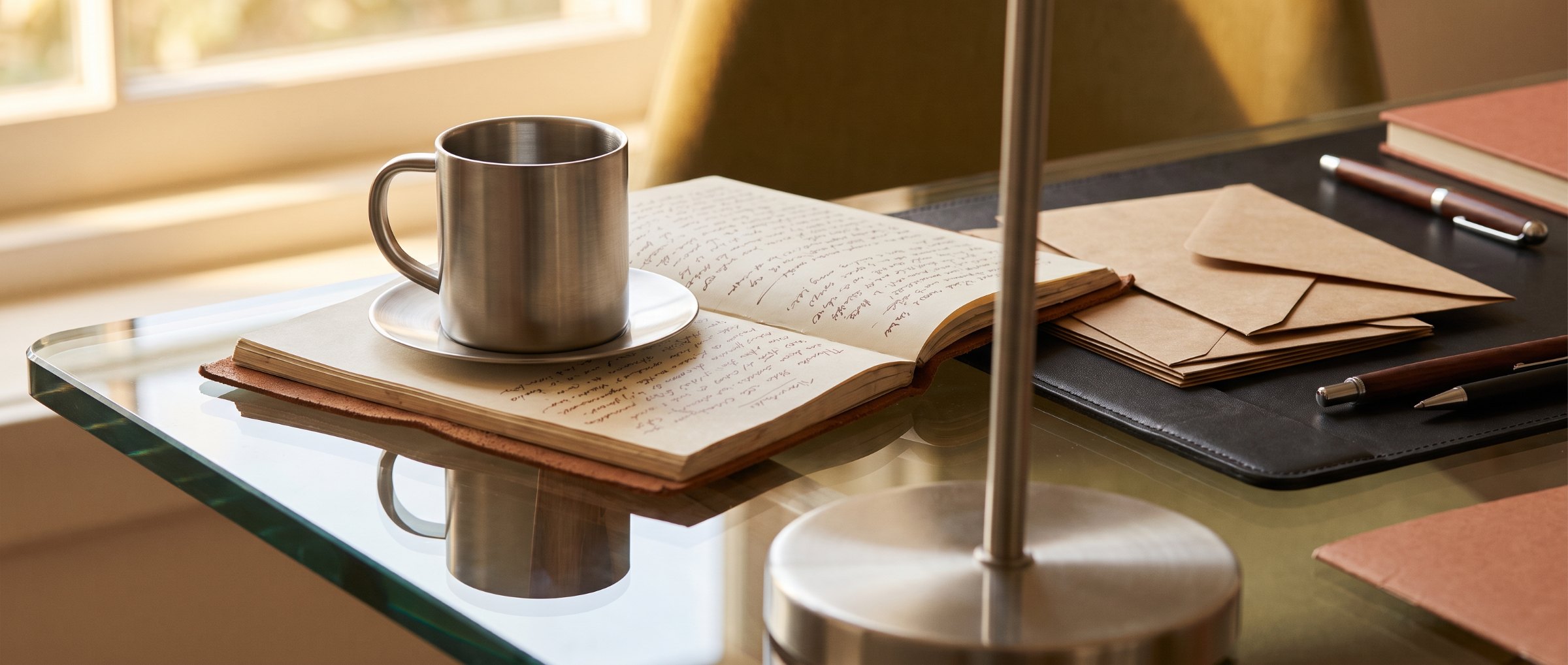Mug en acier sur un carnet ouvert