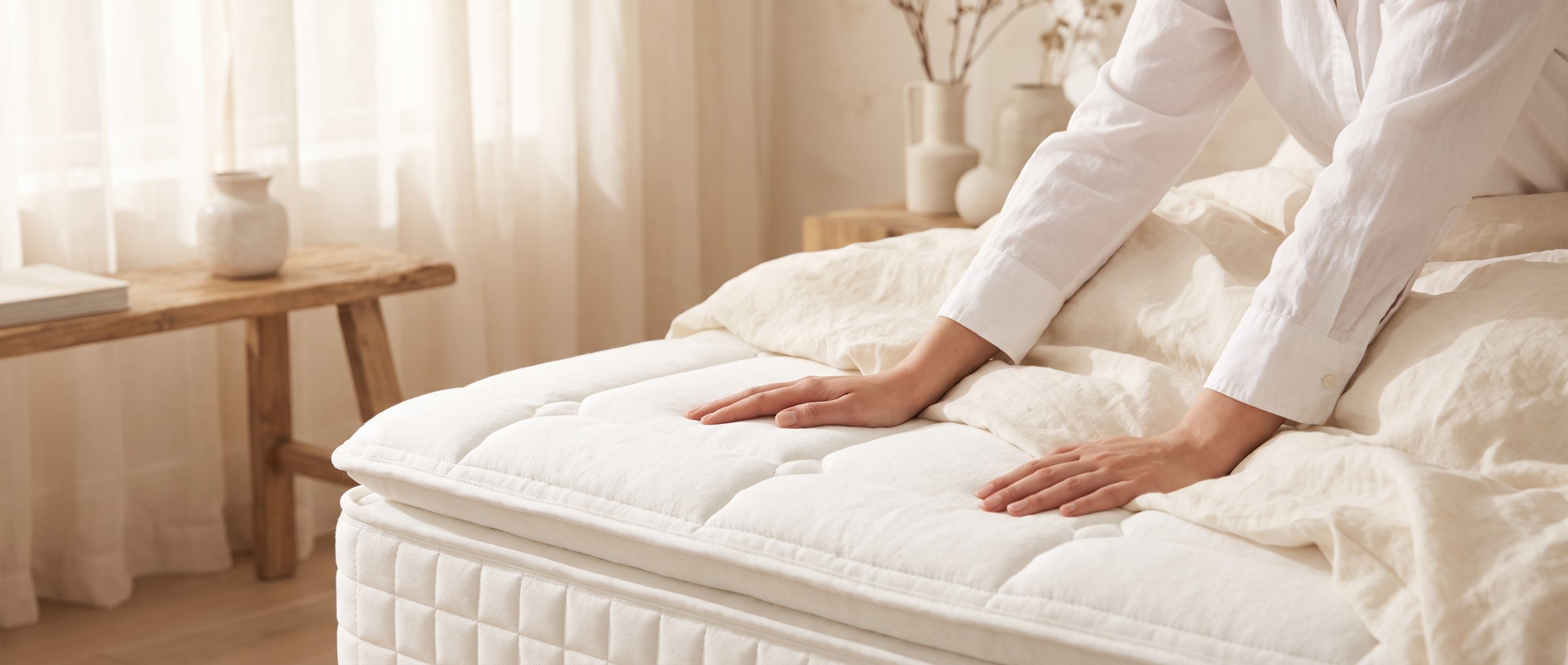 Mains posées sur un matelas en lin blanc