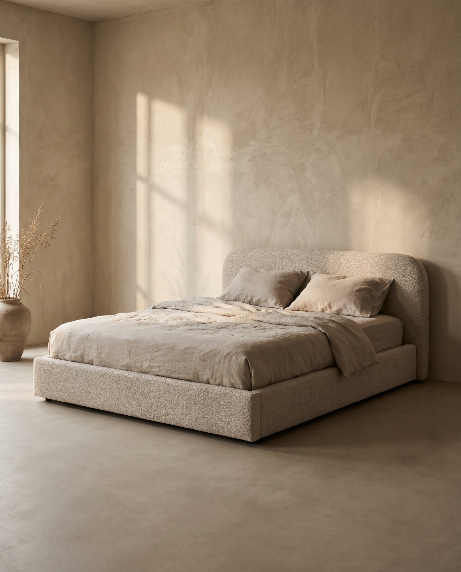 Lit en tissu bouclé avec linge en lin