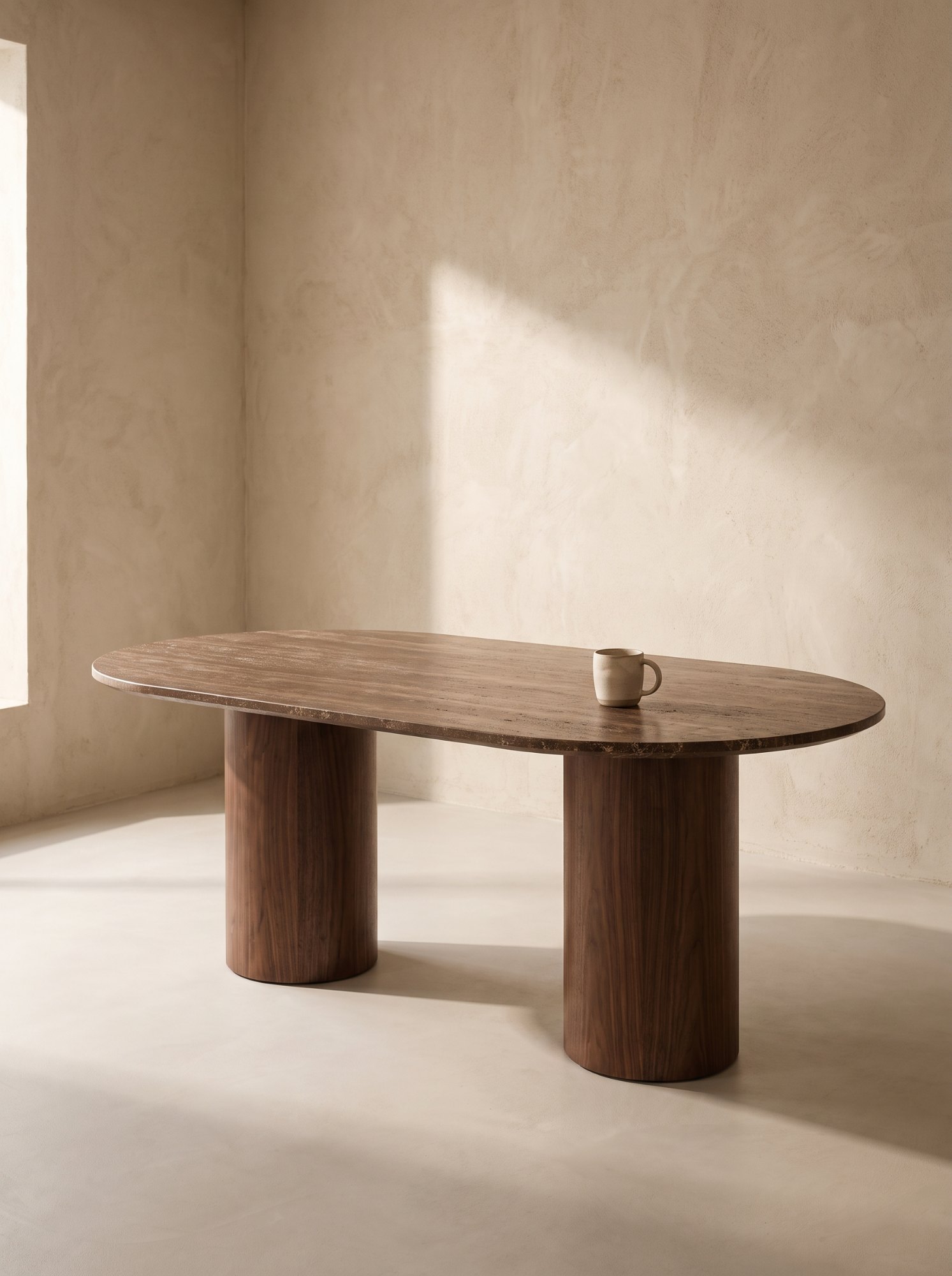 Table ovale en travertin et noyer