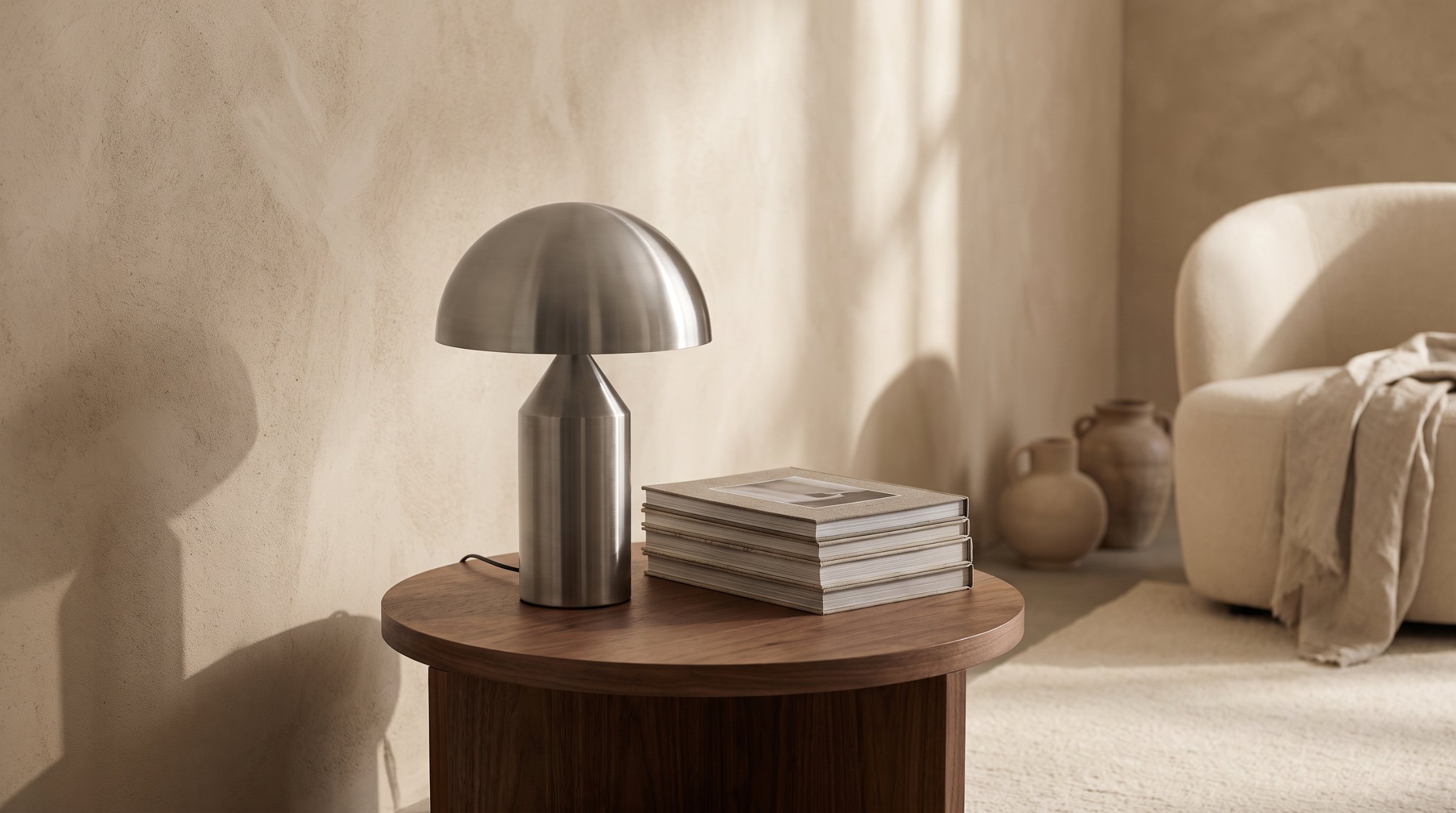 Lampe en acier brossé sur table d'appoint en noyer
