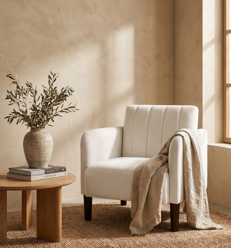Fauteuil Agathe, velours crème – en situation