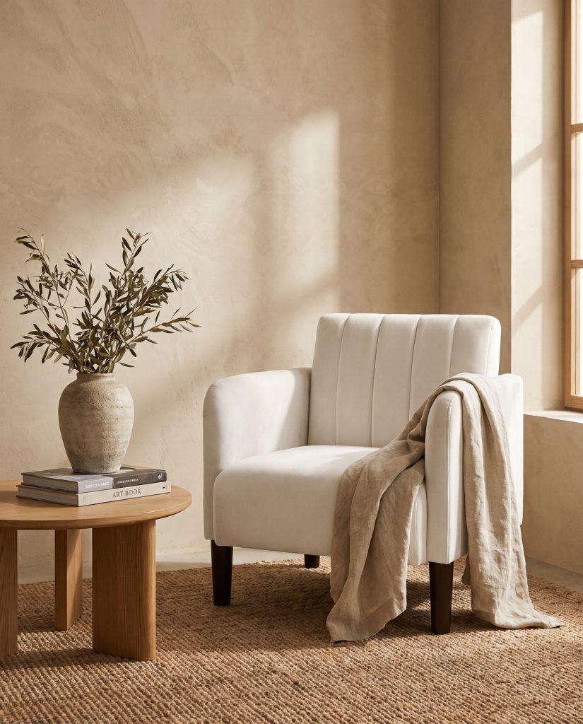 Fauteuil Agathe, velours crème – en situation