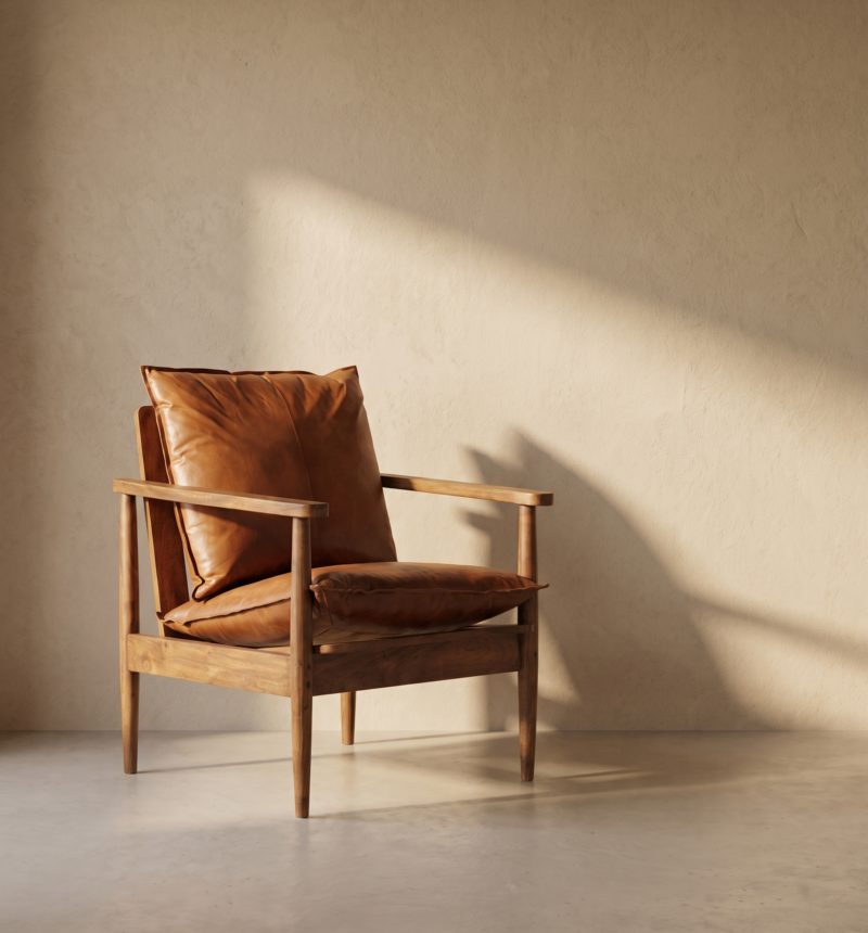 Fauteuil Hugo, cuir et acacia – vue produit