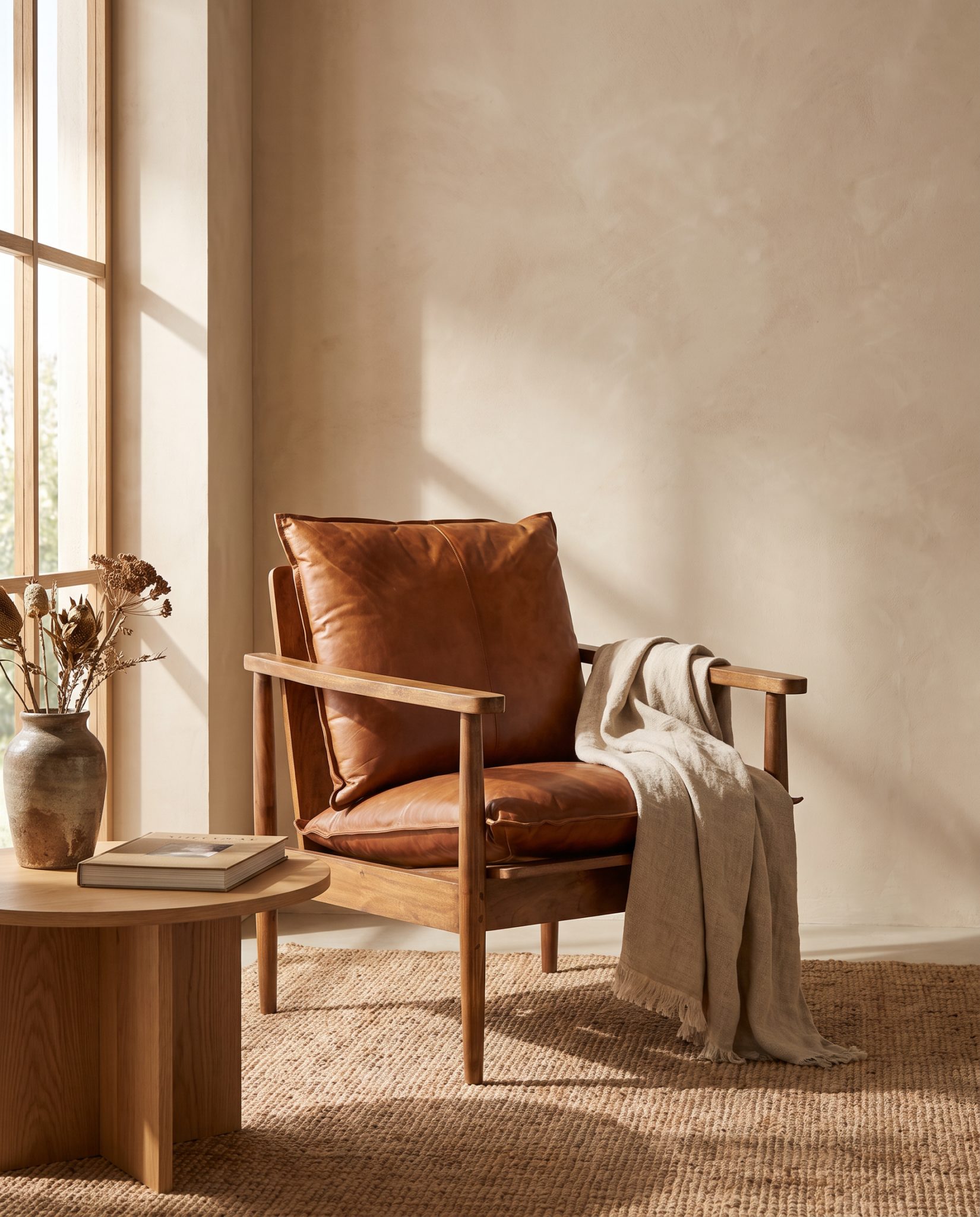 Fauteuil Hugo, cuir et acacia – en situation