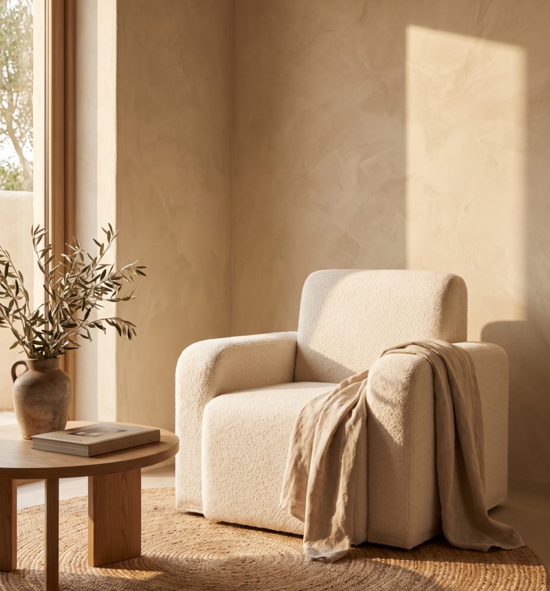 Fauteuil Solal, bouclé crème – en situation