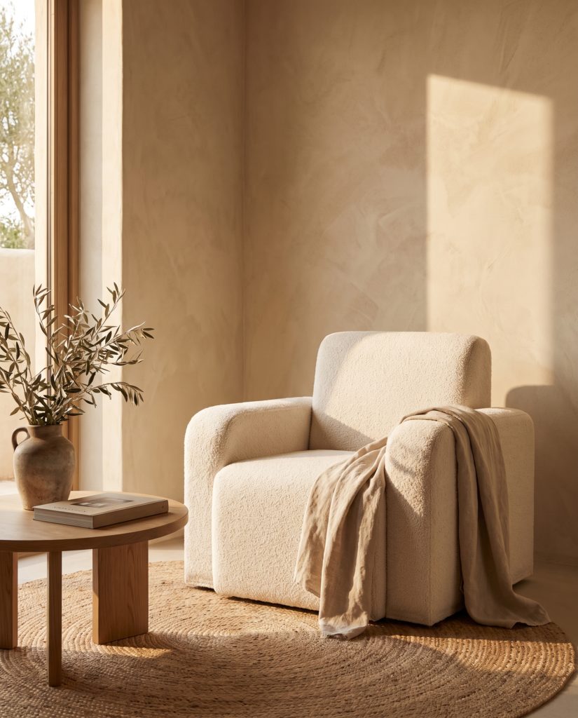 Fauteuil Solal, bouclé crème – en situation