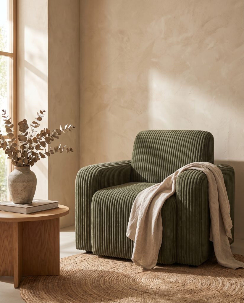Fauteuil Sauge, velours côtelé – en situation