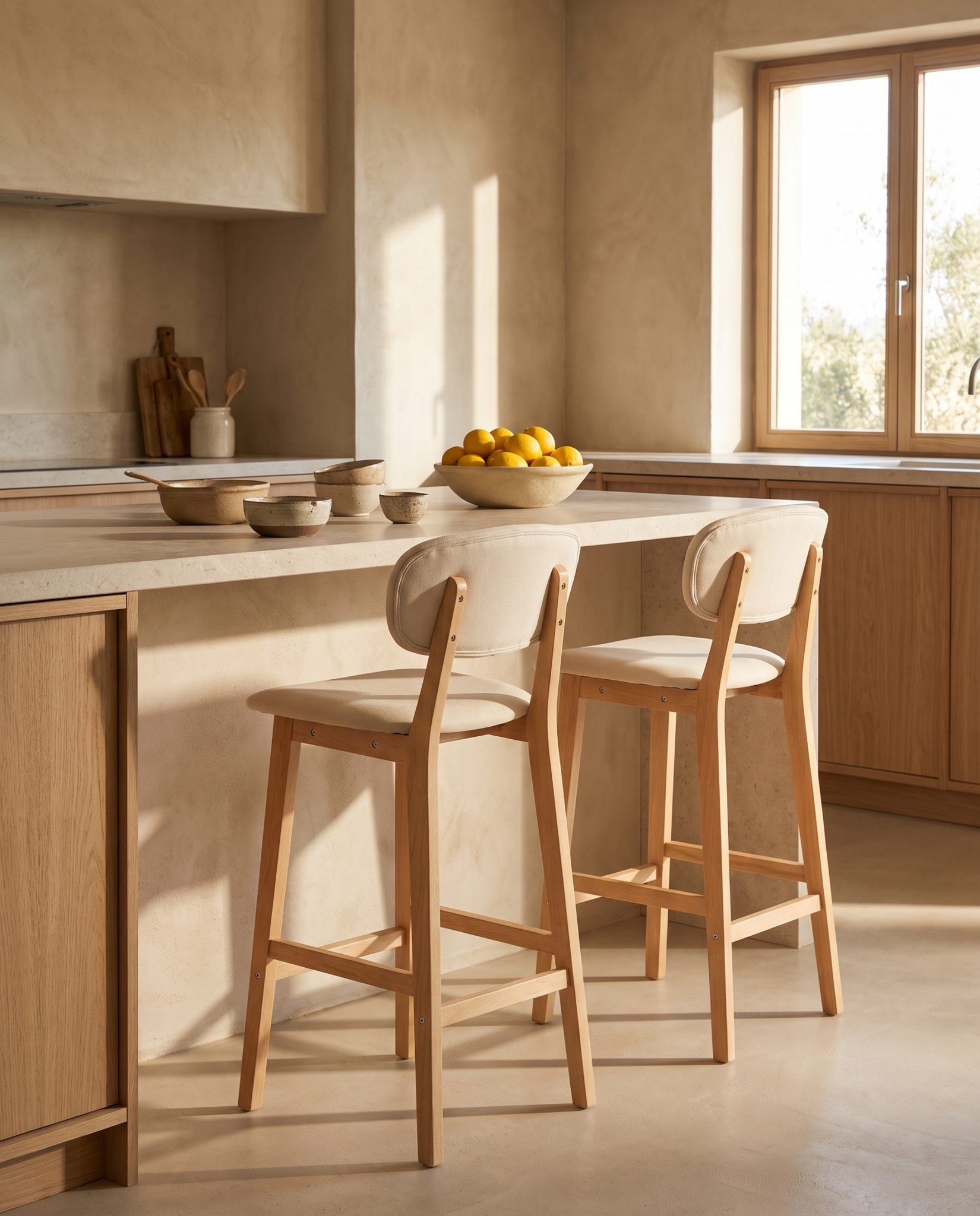 Tabouret de bar Nino, tissu crème – en situation