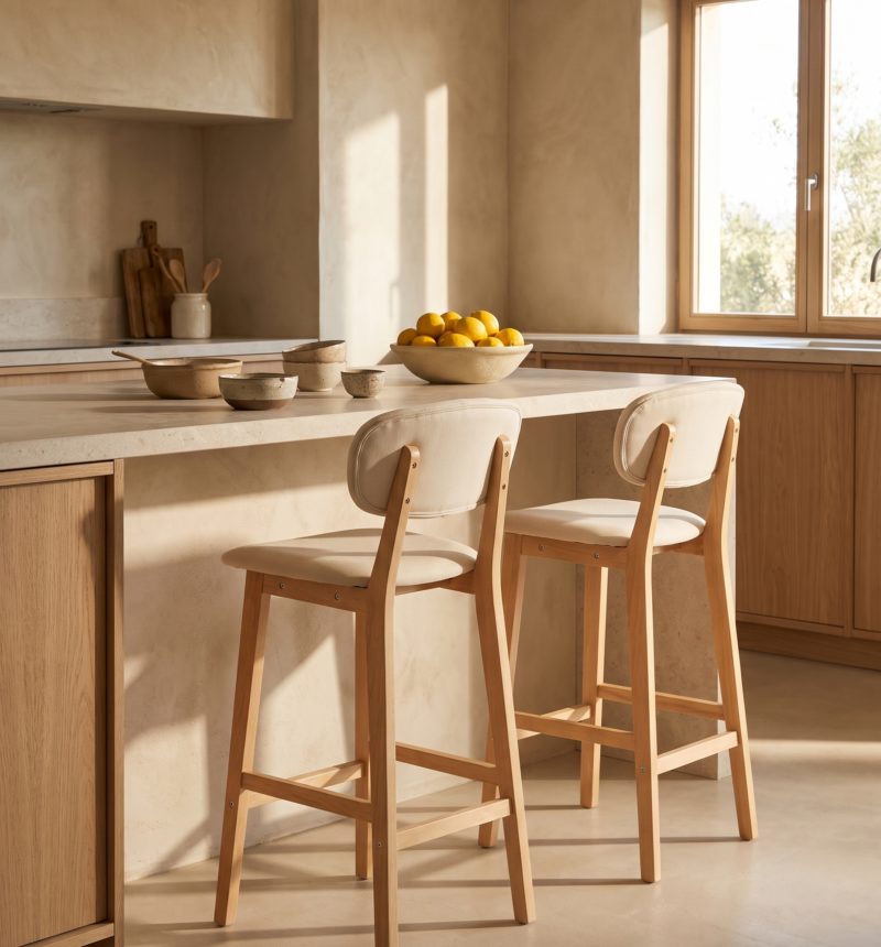 Tabouret de bar Nino, tissu crème – en situation