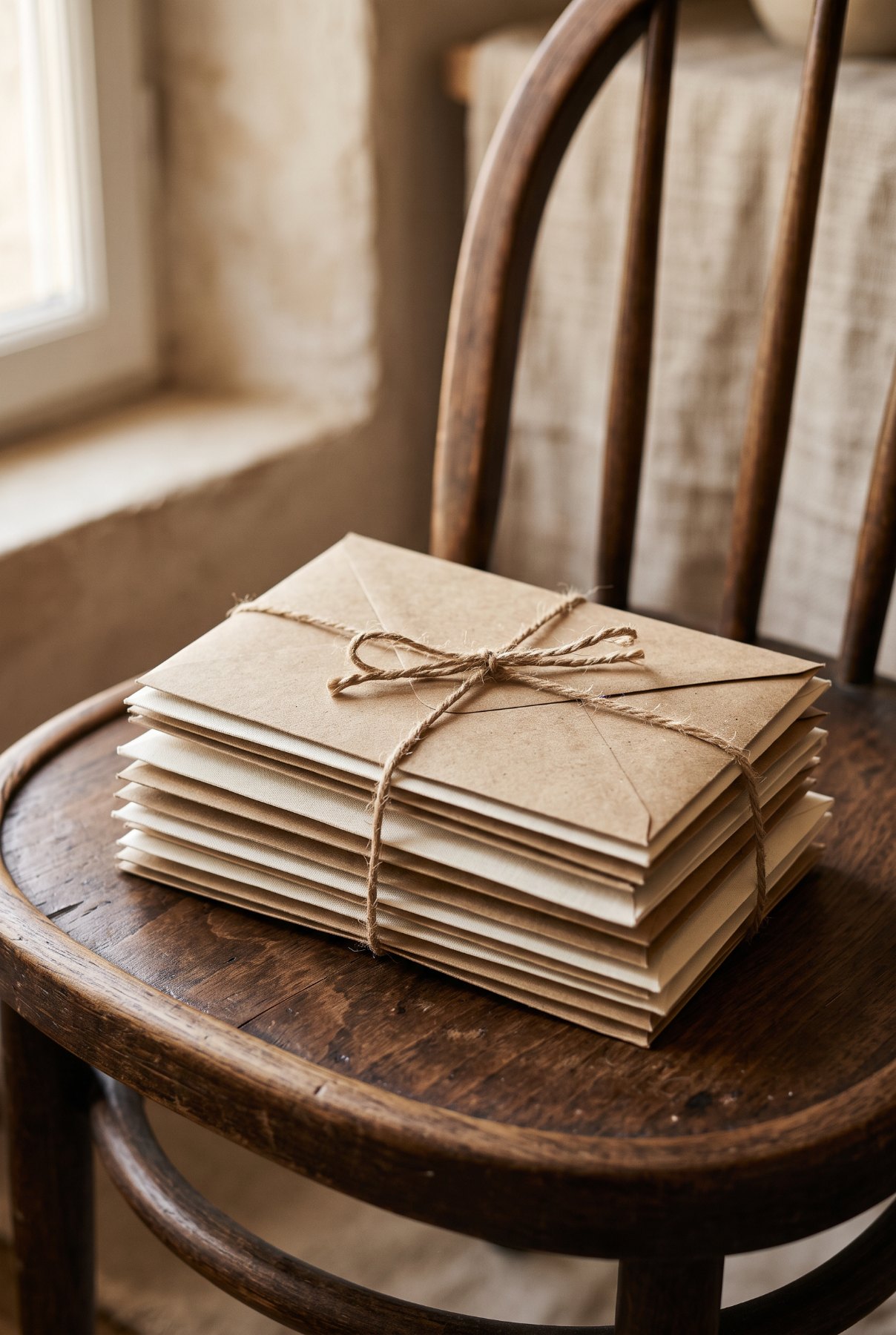 Enveloppes en papier kraft sur une chaise en noyer