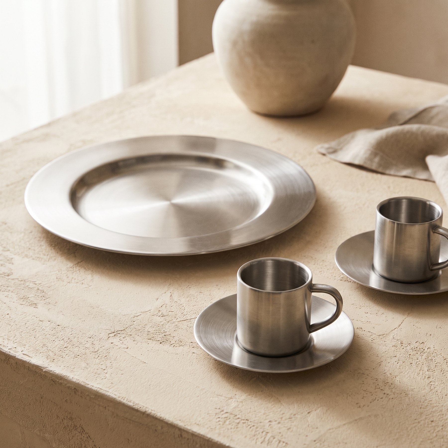 Assiette et tasses en acier brossé