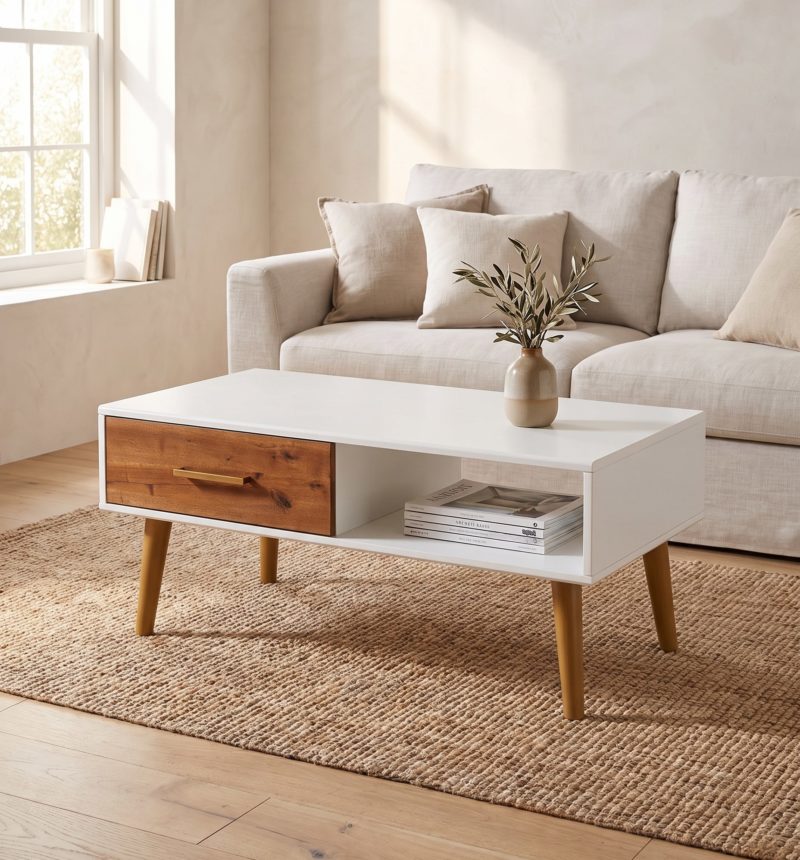 Table basse Nora, acacia et blanc – en situation