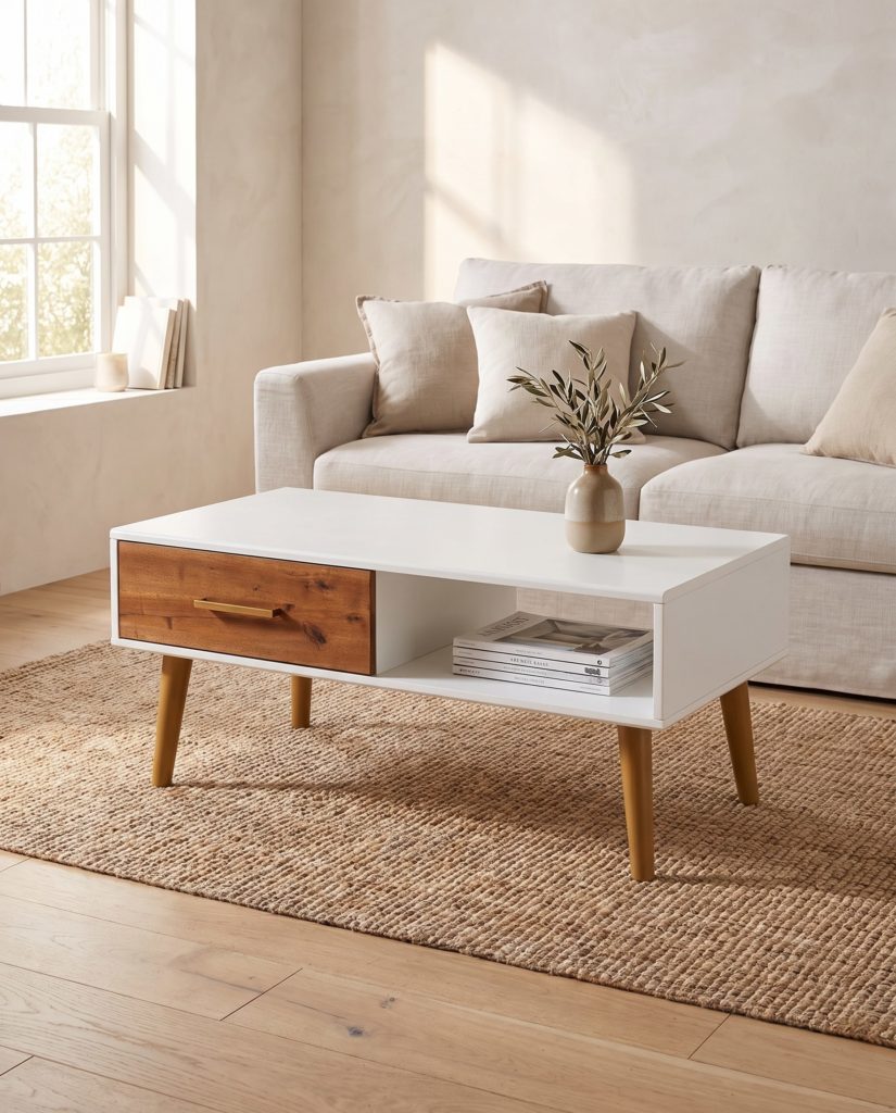 Table basse Nora, acacia et blanc – en situation